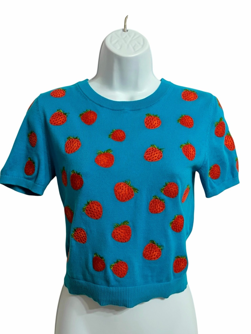 Alic + Olivia Ciara Boho Embroidered Strawberry Sweater Womens S Blue Whimsical